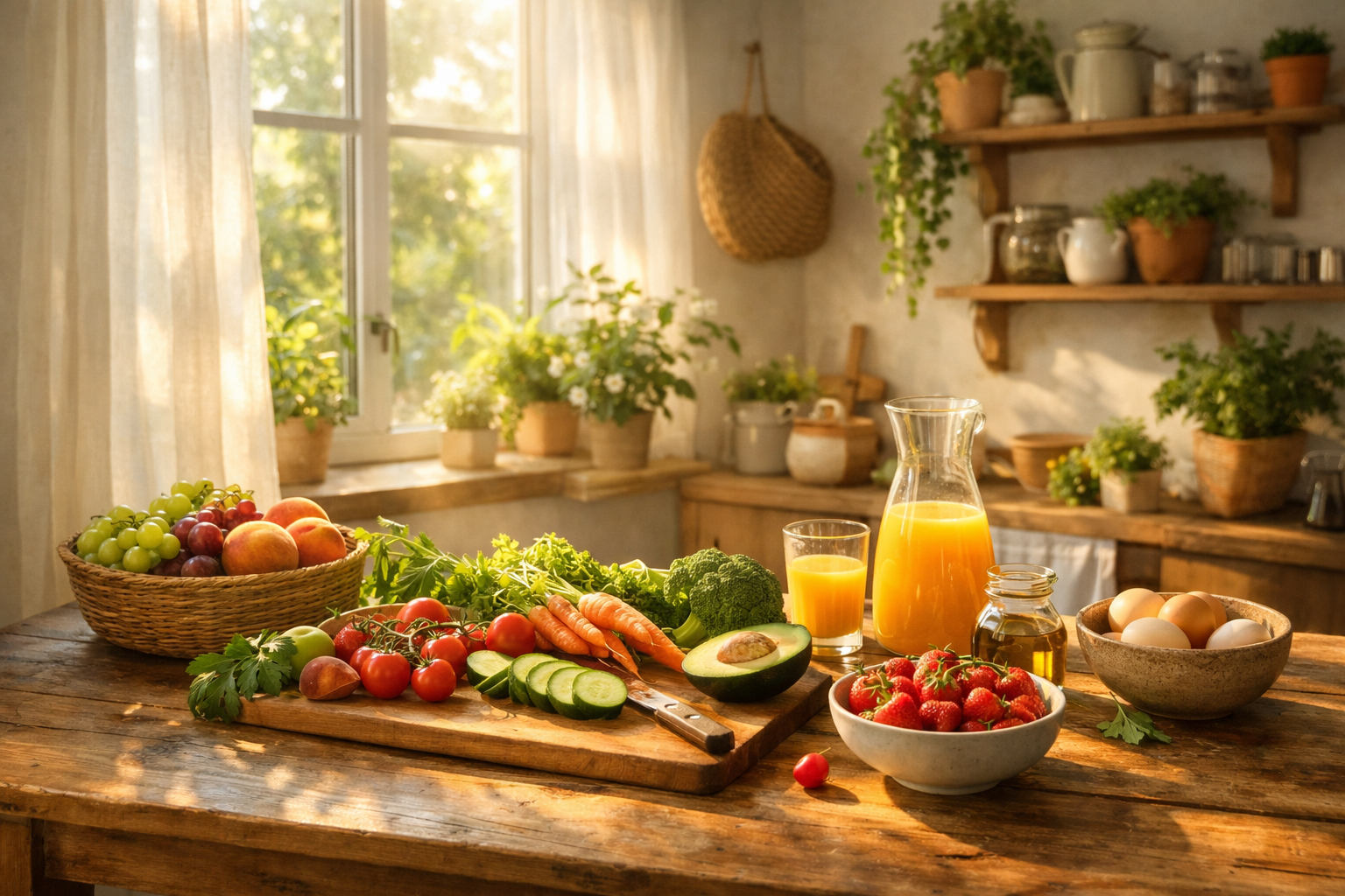 serene morning scene with natural light streaming through window, fresh fruits and vegetables on wooden table, peaceful home interior with plants, soft morning atmosphere