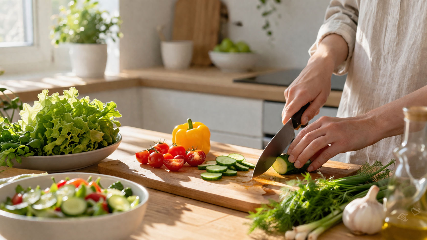 simple healthy meal preparation, fresh vegetables being chopped on wooden cutting board, natural kitchen setting with morning sunlight, clean minimalist cooking space